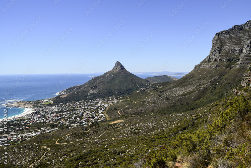 The sea, Lion's Head and a part of Table Mountain. Picture taken from Kasteelspoort hike, in Table Mountain. Cape Town, South Africa.