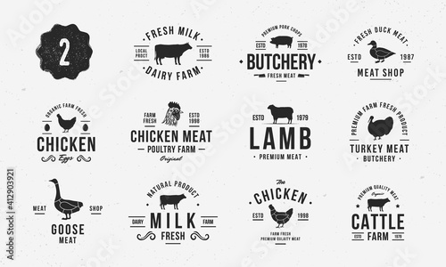 Livestock vintage logo set. 11 Farm animals labels, emblems with silhouettes. Logo, poster for dairy products, barbecue, steak house, restaurant, meat shop. Vector emblems.