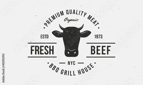 Beef, Cow logo. BBQ grill logo with Cow Head. Vintage typography.  Fresh Beef trendy logo template for barbecue, steak house, grill, butchery and meat shop. Vector illustration