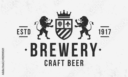 Beer Crest. Craft Beer vintage logo. Brewery logo with heraldic lions and grain texture. Trendy hipster design. Logo, Poster for pub, restaurant, steak house, beer house. Vector illustration