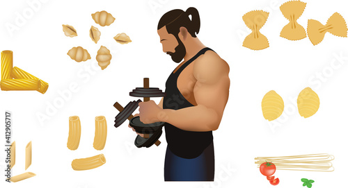 bodybuilder carbohydrates bodybuilder athlete lifts weights surrounded by carbohydrates