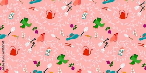 Gardening, garden tools seamless pattern wallpaper. Hand drawing cute garden equipment icons background. Watering can, beetroot, hat, boots, gloves, fresh foods, seeds pack, leaves