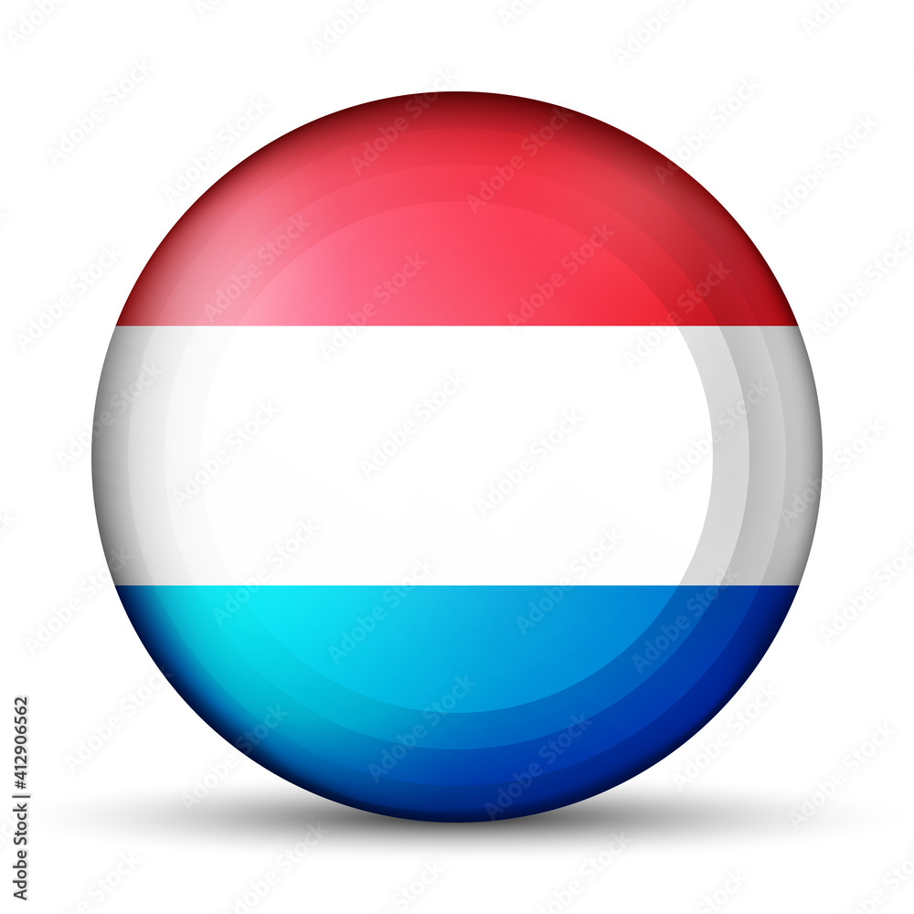 Glass ball with flag of Luxembourg. Round sphere, template icon. Luxembourgish national symbol. Glossy realistic ball, 3D abstract vector illustration highlighted on a white background. Big bubble. Glass ball with flag of Luxembourg. Round sphere, template icon. Luxembourgish national symbol. Glossy realistic ball, 3D abstract vector illustration highlighted on a white background. Big bubble.