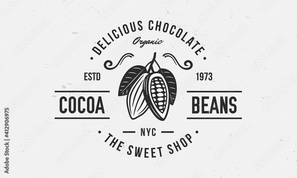 Chocolate logo, poster. Sweet Shop trendy logo with Cocoa Bean and leaves. Cocoa Beans, Cacao