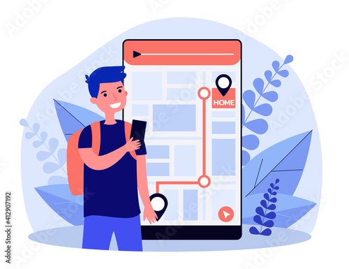 Boy with cell walking home. Kid consulting map on smartphone, following itinerary. Flat vector illustration. Navigation, city guide, safety concept for banner, website design or landing web page