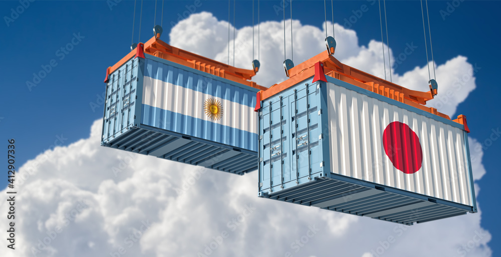 Freight containers with Japan and Argentina flag.  3D Rendering 