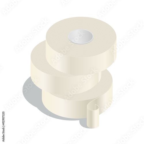 Isometric vector illustration masking tape rolls isolated on white background. Realistic insulation duct tape roll icon in flat cartoon style. Duct roll adhesive tape for packaging, repair, renovation