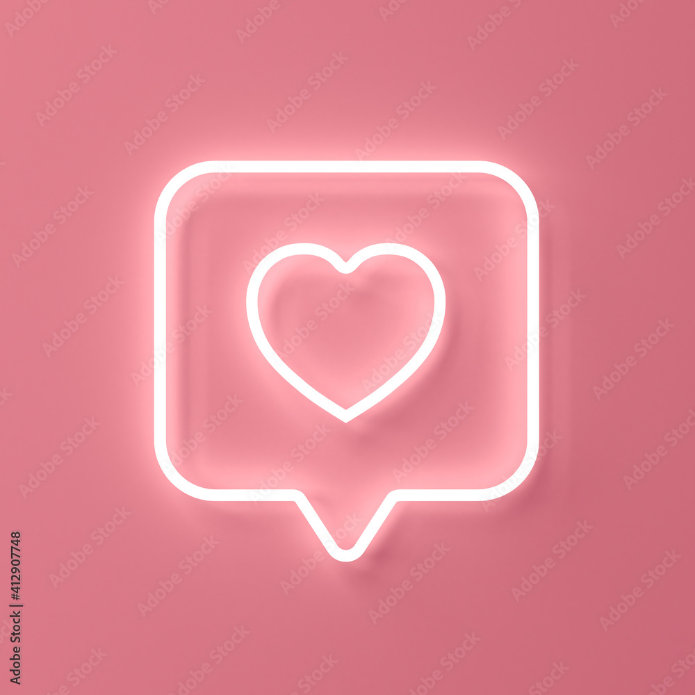 Neon social media notification love like heart icon in speech bubble pin isolated on pink pastel color wall background with shadow minimal conceptual 3D rendering