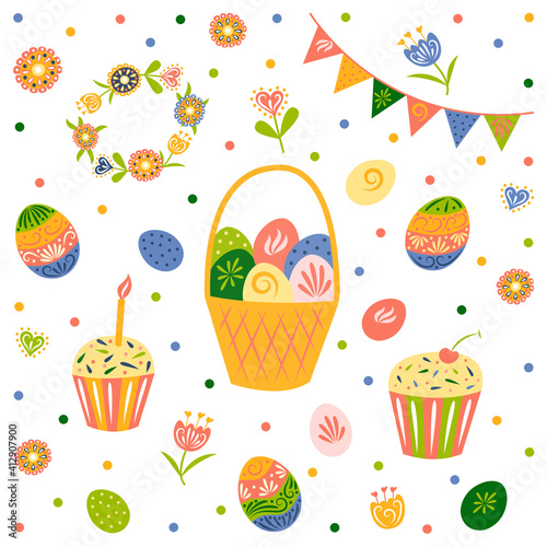 Happy easter. Set of Easter cake, basket of colored eggs, flowers, wreath, checkboxes. Hello spring. Isolated. Vector illustration. Flat design with ornate pattern.