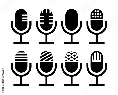 Microphone icon set isolated on white background. Podcast icon, voice recording. Retro microphone vector image.