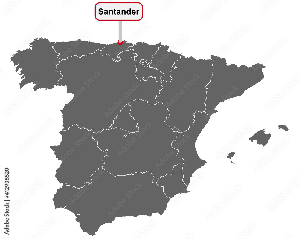 Landkarte von Spanien mit Ortsschild von Santander