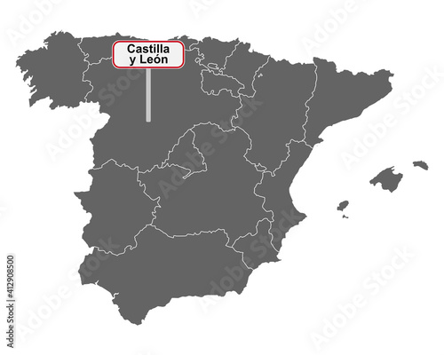 Landkarte von Spanien mit Ortsschild Castilla y Leon