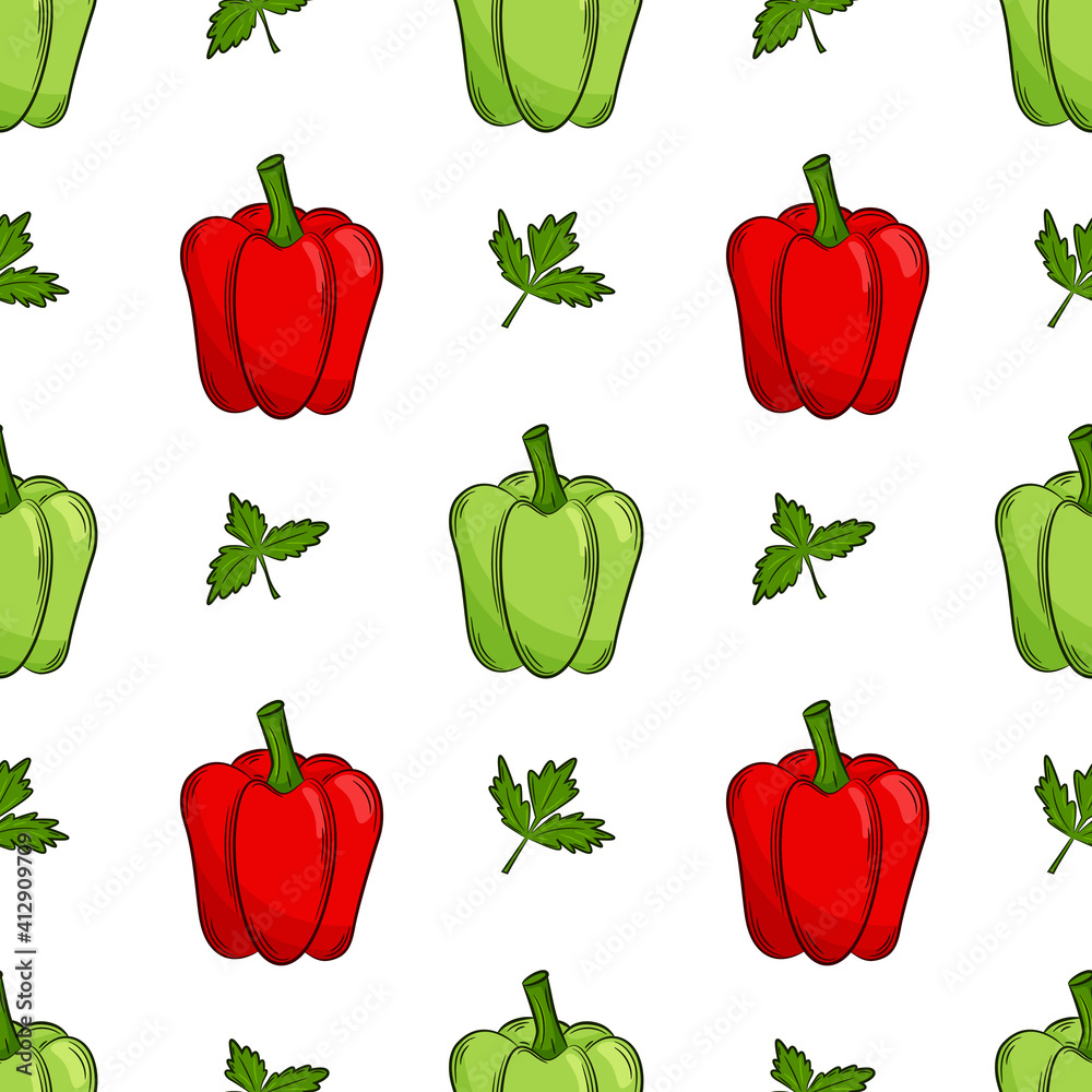 Seamless pattern with peppers and parsley. Bright, juicy, summer pattern with vegetables. Color elements in the linear style are isolated. For the design of kitchen accessories and food packaging. Seamless pattern with peppers and parsley. Bright, juicy, summer pattern with vegetables. Color elements in the linear style are isolated. For the design of kitchen accessories and food packaging.