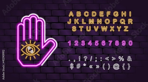 Vector neon palmistry icon and neon letters for fortune telling & tarot reading mobile apps, blogs, highlights. Hand and eye. Occult esoteric magic mystic wichcraft spiritual signs symbols. Alphabet