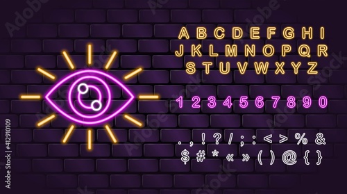 Vector neon all-seeing eye icon, neon letters for fortune telling & tarot reading mobile apps, highlights. Eye of Providence. Occult esoteric magic mystic wichcraft spiritual signs symbols. Alphabet.