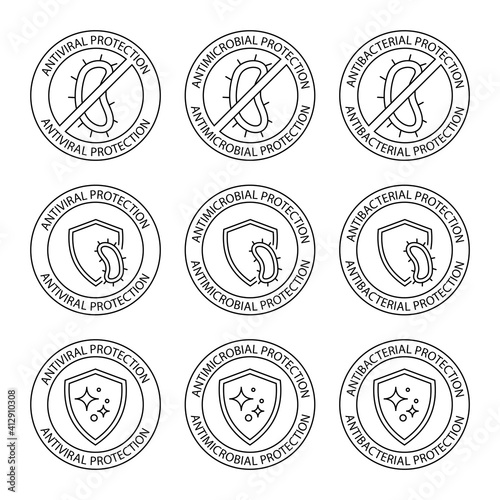 Antimicrobial resistant badges. Antiseptic label. Antibacterial, antiviral and antimicrobial protection, set of round stamps. Coronavirus clean hygiene label. Editable stroke. Vector