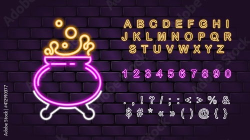 Vector neon Witch cauldron with potion and neon letters for fortune telling mobile apps, witchcraft blogs. Occult esoteric magic mystic wichcraft spiritual signs symbols. Traditional halloween element