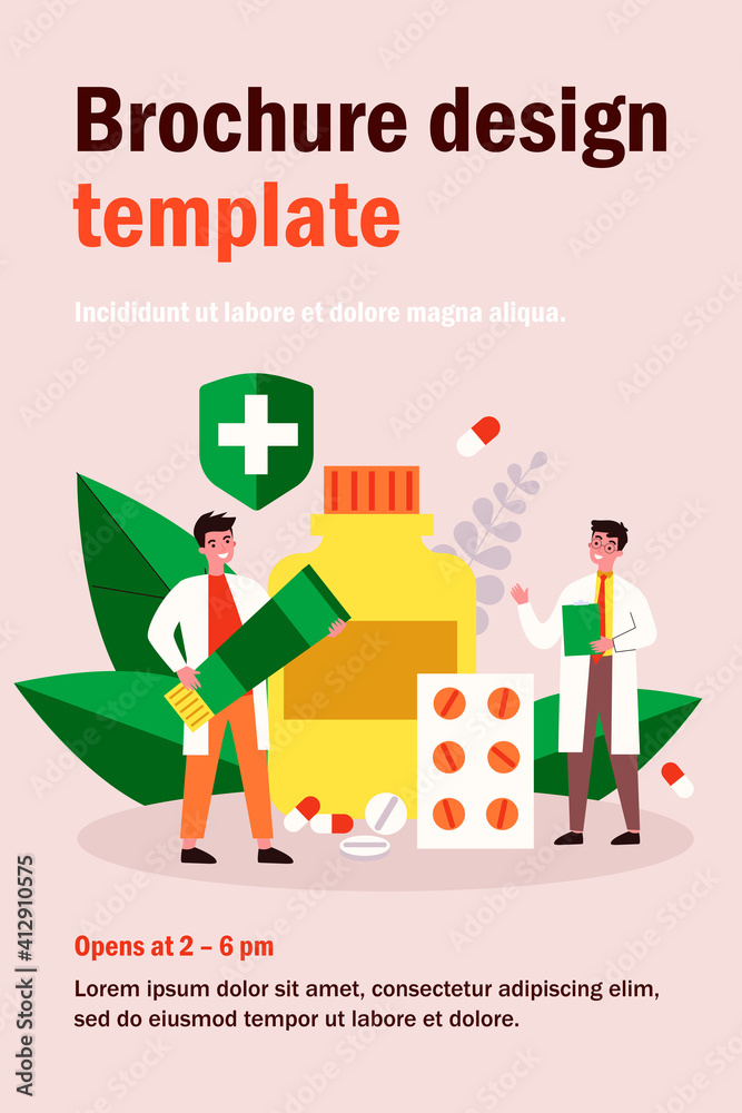 Doctor with prescription and pharmacist with ointment tube discussing treatment, pills and drug in drugstore. Vector illustration for pharmacy, medicine, medical checkout concept