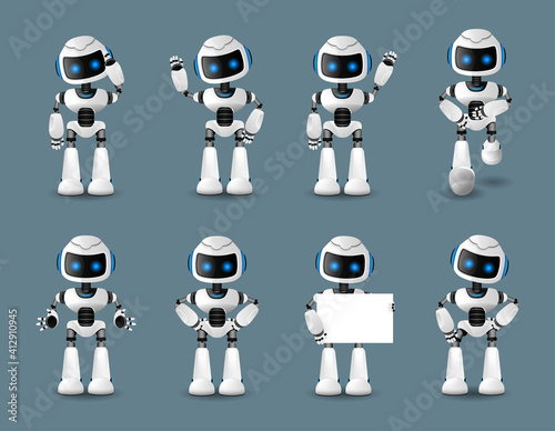 Robot Vector. Animation Set. Mechanism Robot Helper. Cyborgs, AI Futuristic Humanoid Character. Set of various robots activity vector illustration with many ai machines