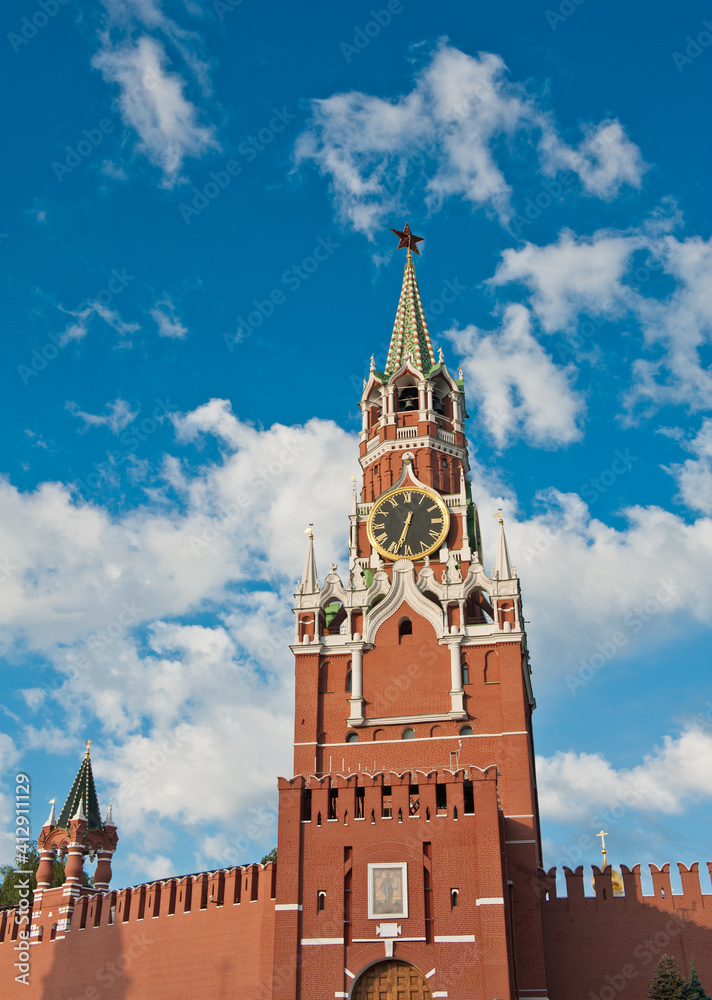 Spasskaya Tower of Moscow Kremlin. Sunny summer morning.  Red Square. Moscow. Russia