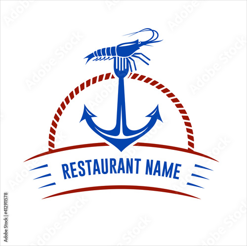 illustration of shrimp and anchor, logo template for restaurant.