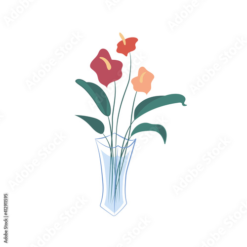Bouquet of anthurium in the glass vase. Decorative hand-drawn flowers pot. Spring vector flat illustration on the white background.