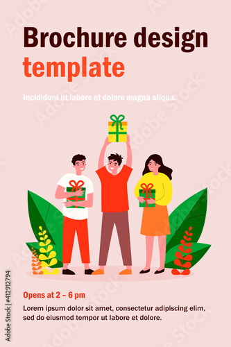 Smiling happy people holding gift boxes. Men and woman getting presents or prizes flat vector illustration. Holiday and lottery concept for banner, website design or landing web page