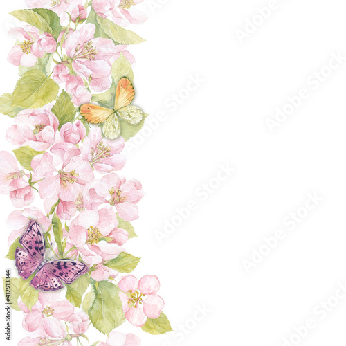 Fototapeta Naklejka Na Ścianę i Meble -  Floral watercolor background with blooming apple tree branches, butterflies and place for text on white. Invitation, greeting card or an element for your design. Vertical composition.