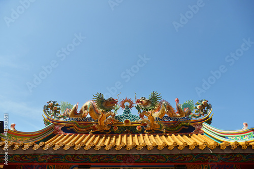 Beautiful Dragon Sculpture on The Roof in Wihan Thep Sathit Phra Kitthi Chalerm Shrine (Nacha Sa Thai Chue Shrine or Naja Shrine) Bang Sean, Chonburi, Thailand