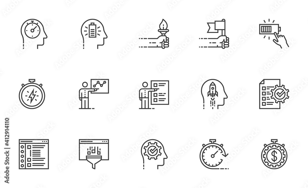 Maximum Performance. Personal Productivity, Workflow Automation, Proactive Personality, Productive Workflow. Set of Vector Line Icons. Editable Stroke. 64x64 Pixel Perfect.