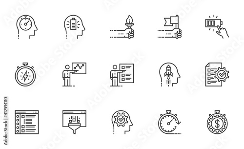 Maximum Performance. Personal Productivity, Workflow Automation, Proactive Personality, Productive Workflow. Set of Vector Line Icons. Editable Stroke. 64x64 Pixel Perfect.
