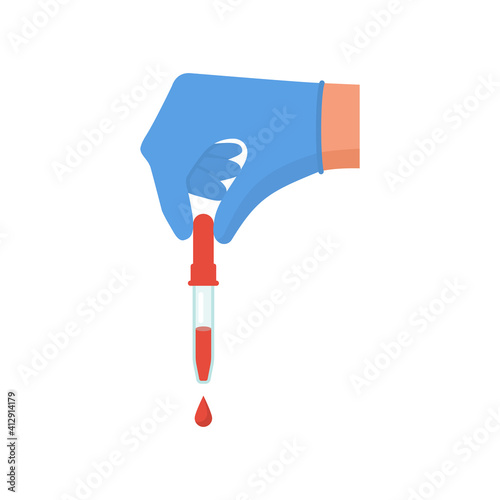 Pipette in hands doctor. Falling drop of liquid. Treatment colds. Medicament preparations. Pain killers. Vaccination flu. Vector illustration flat design. Isolated on white background.
