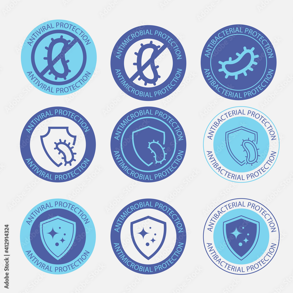 Antimicrobial resistant badges. Antibacterial, antiviral and antimicrobial protection, set of round stamps. Clean hygiene label. Illustration with blue antiviral protection for medical design