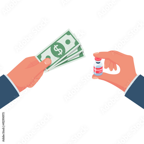 Illegal sale of vaccine. Money and ampoule covid 2019 in hands. Corruption on medications. Vector illustration flat design. Isolated on white background.