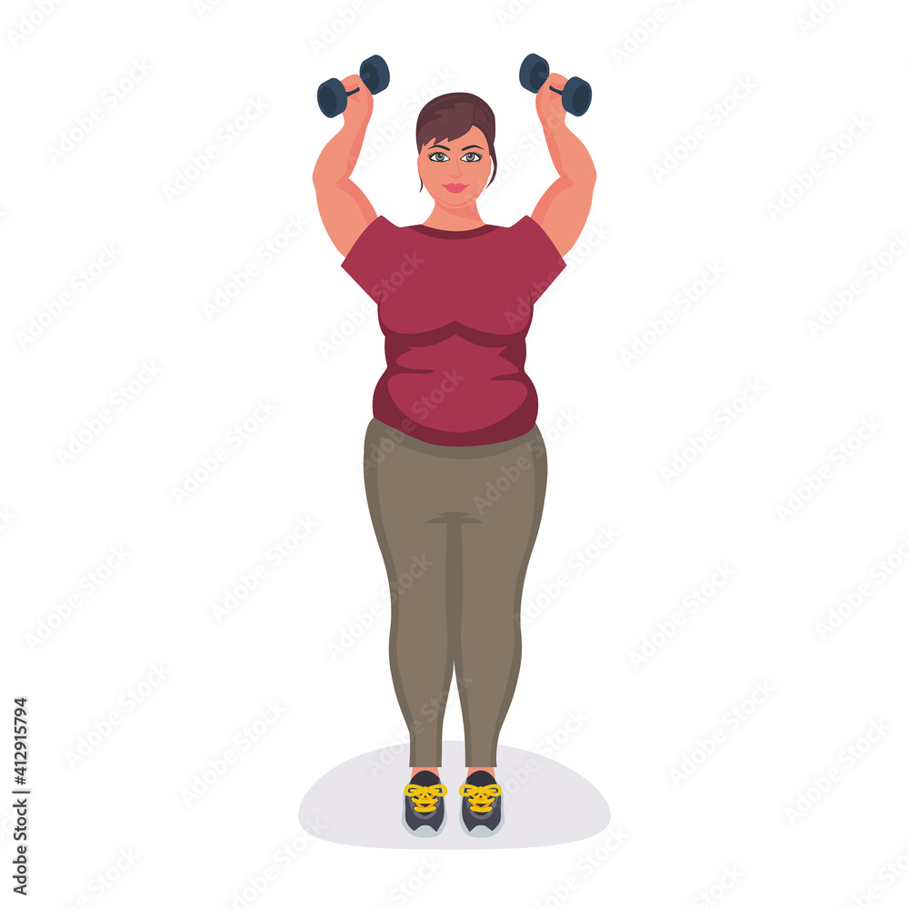 Fat woman holding dumbbells. Goes in for sports and fitness for weight loss. Vector illustration. Fat woman holding dumbbells. Goes in for sports and fitness for weight loss. Vector illustration.
