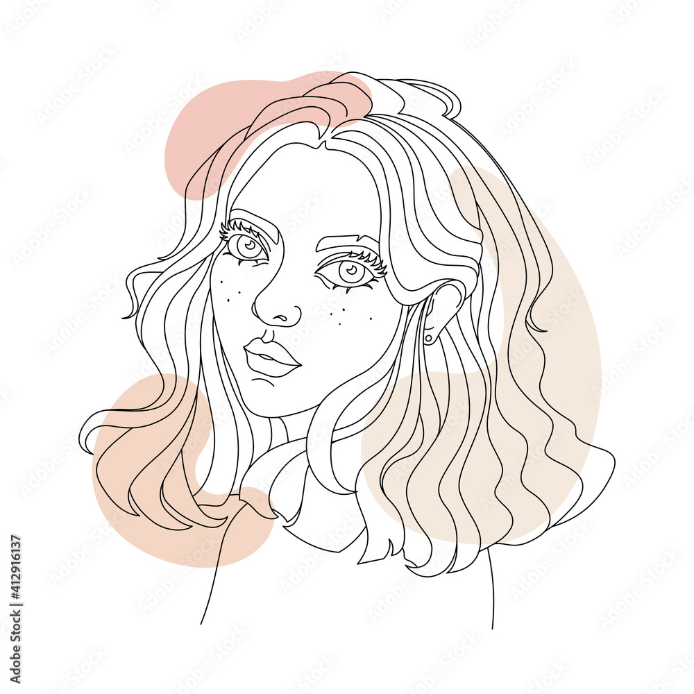 Illustration of a woman's Face on a white background. Drawn with Outline and lines. A beautiful and young Woman with shoulder-length Hair. A Girl with wavy hair. Close-up portrait. Sketch. Minimalism.