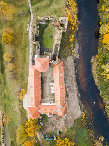 Bauska town aerial panorama with Bauska medieval castle photo