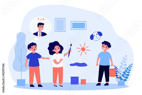 Naughty kids drawing and painting on wall at home. Angry upset dad in speech bubble. Flat vector illustration. Craft skills, childhood concept for banner, website design or landing web page