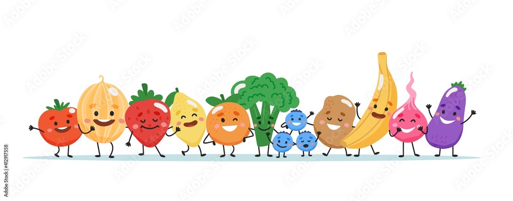 Fototapeta premium Fruits and vegetables characters. illustration