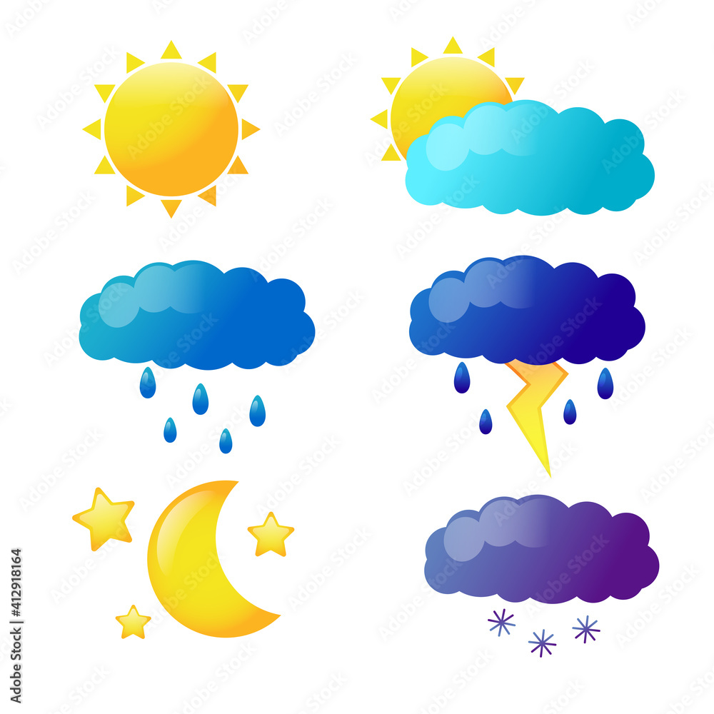 Vector weather icon set. Weather forecast set isolated on white background. illustration of cloud and sun, snow, lightning, Month, stars, thunderstorm Vector weather icon set. Weather forecast set isolated on white background. illustration of cloud and sun, snow, lightning, Month, stars, thunderstorm