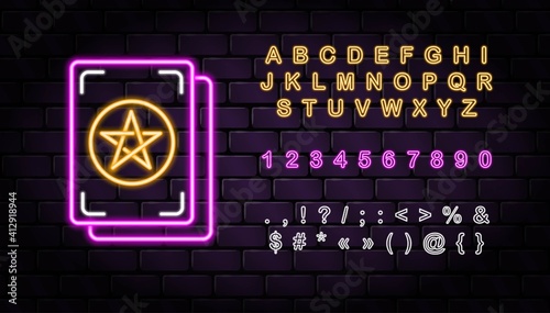 Vector neon tarot icon and neon letters for fortune telling & tarot reading mobile apps, blogs, highlights. Occult esoteric magic mystic wichcraft spiritual signs symbols. Neon alphabet