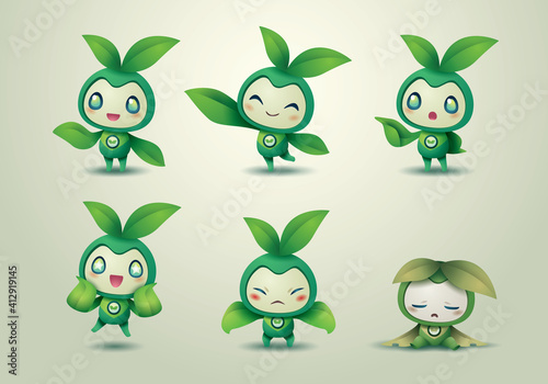 set of little green leaf mascot character collection