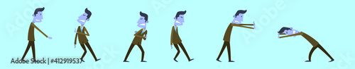 set of man pushing cartoon icon design template with various models. vector illustration isolated on blue background