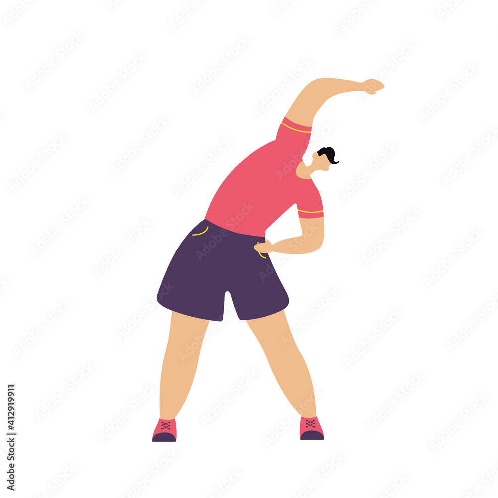 A man goes in for sports at home. The man in the sportswear is doing the tilted body. Modern vector illustration A man goes in for sports at home. The man in the sportswear is doing the tilted body. Modern vector illustration