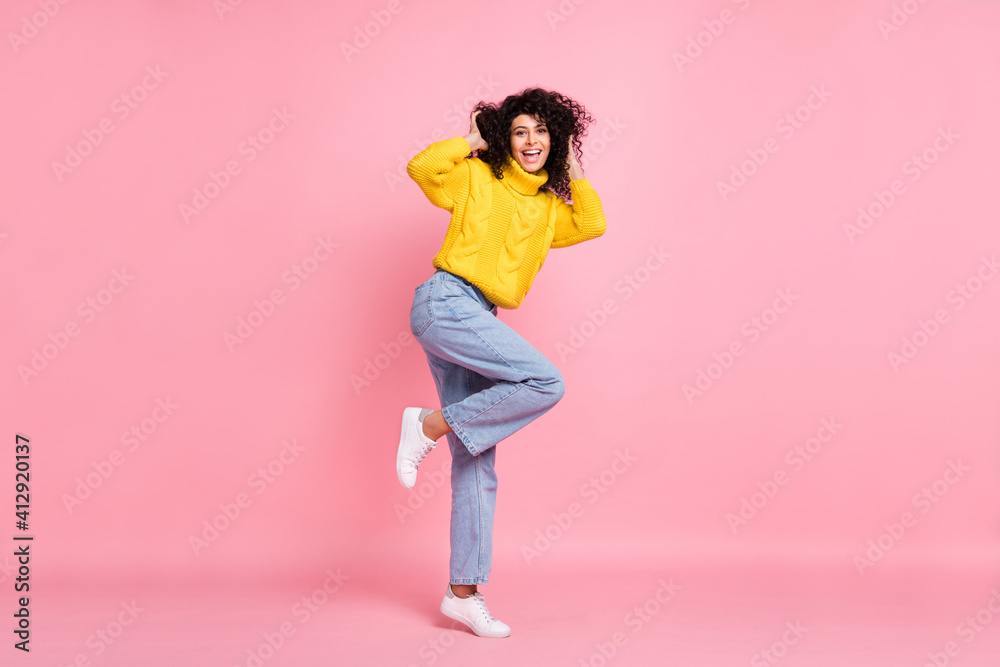 Photo of young excited hispanic girl happy positive smile enjoy new hairdo isolated over pastel color background