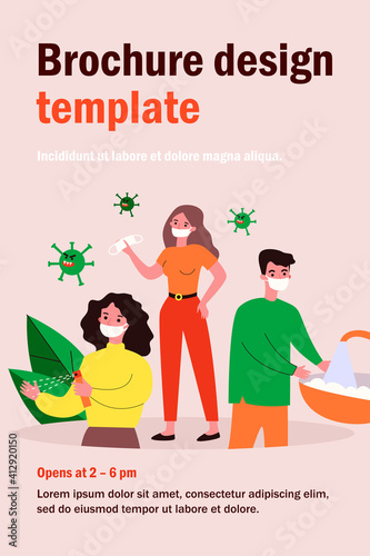 People practicing hygiene for protection from coronavirus. Men and women wearing face masks, washing and sanitizing hands. Vector illustration for coronavirus, disease prevention, guide concept