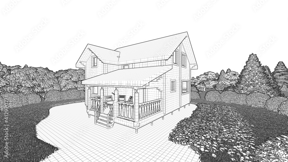 Wooden cottage, villa, house, tiny house made of wooden blocks on the background of the hills. Black and white image for advertising materials