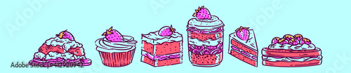 set of strawberry shortcake cartoon icon design template with various models. vector illustration isolated on blue background