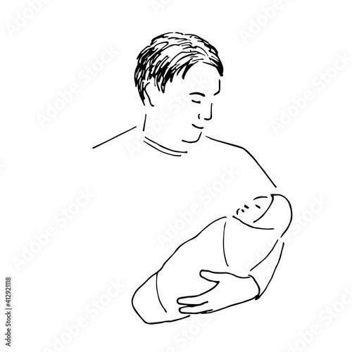Simple hand drawn black outline vector drawing. Happy father holds a baby in his arms. The birth of a child, parent, care. Father's day. Ink sketch.