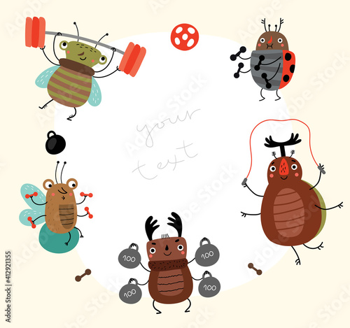 
Funny sportsmen beetles. Fitness. Form for text 